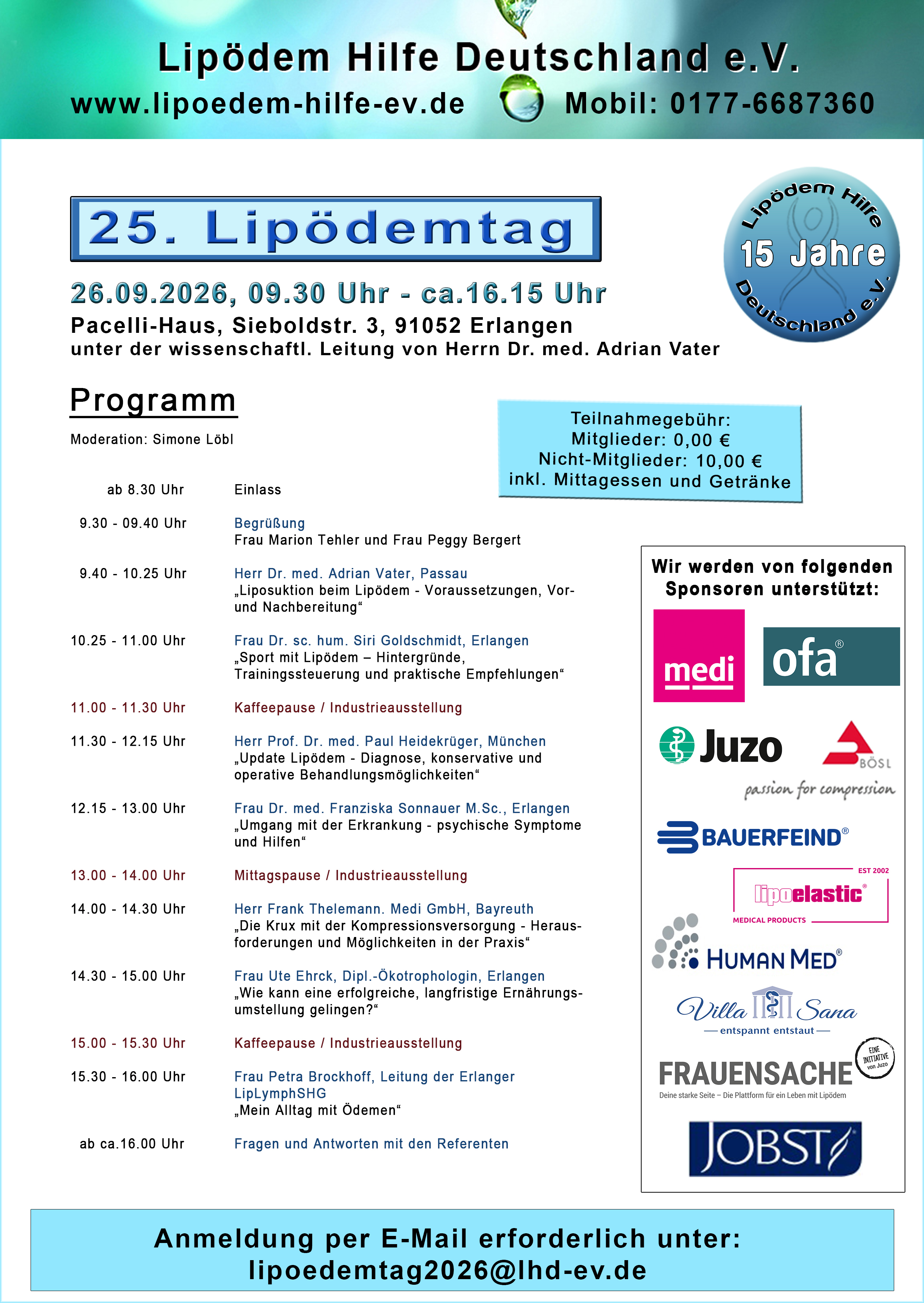 Das Programm zu unserem 25. Lipödemtag am 26.09.2026 in Erlangen